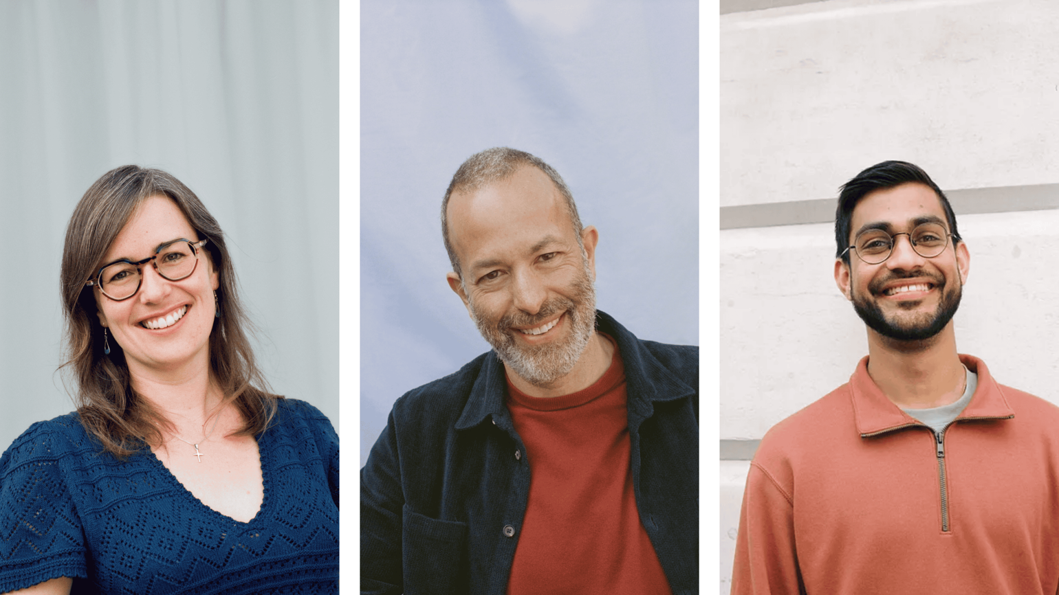 Headshots of Angie Burnett, Nathan Wolfe and Pranay Shah