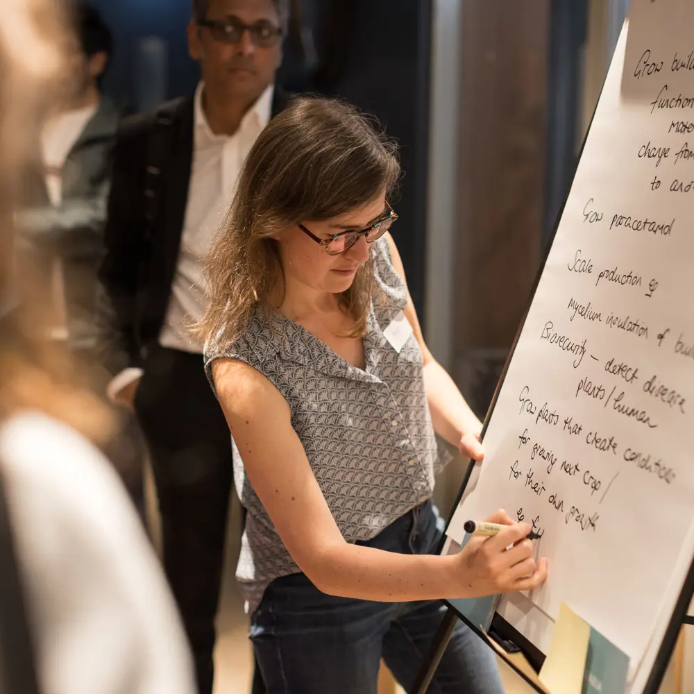 A photo of Angie, a Programme Director, writing on a flip chart in front of a small audience.